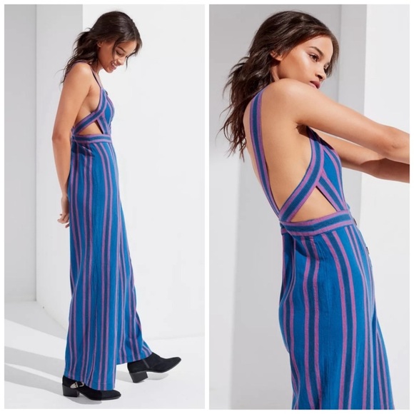 UO Ameliana Straight-Neck Button-Down Jumpsuit Linen Blend Blue Purple Size 10 - Picture 2 of 9